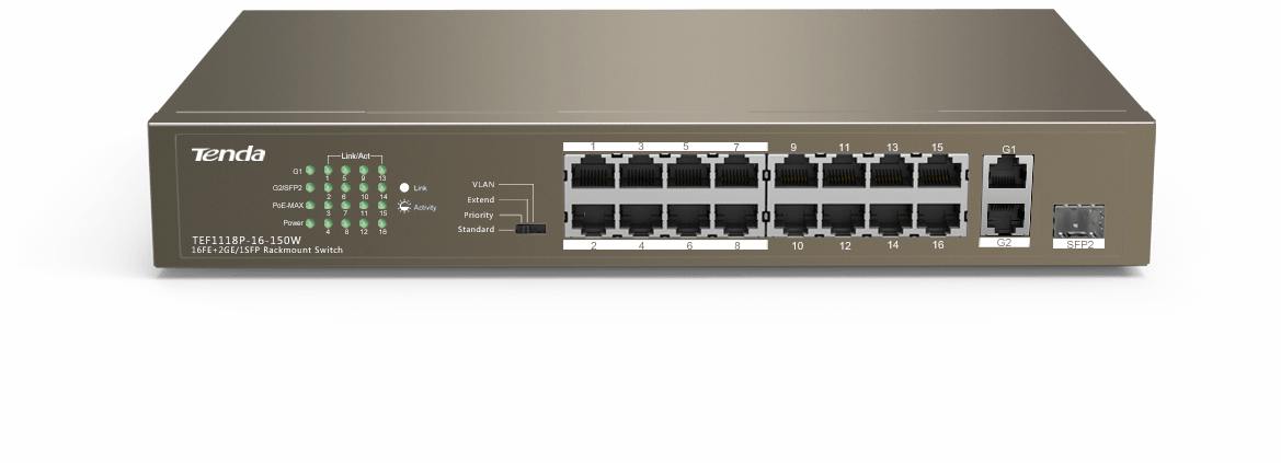 Tenda Poe 16FE+2GE/1SFP Port Rackmount (TEF1118P-16-150W )